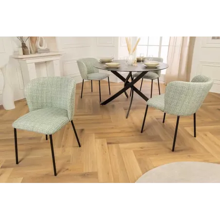 Chaise design LYON – Tissu bouclé à carreaux vert et rose, pieds en métal noir, style rétro revisité