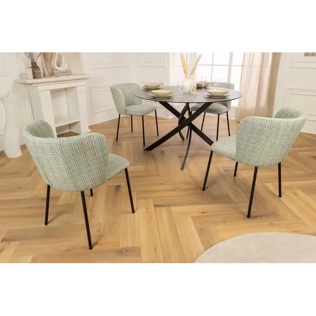 Chaise design LYON – Tissu bouclé à carreaux vert et rose, pieds en métal noir, style rétro revisité