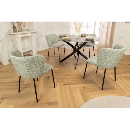Chaise design LYON – Tissu bouclé à carreaux vert et rose, pieds en métal noir, style rétro revisité