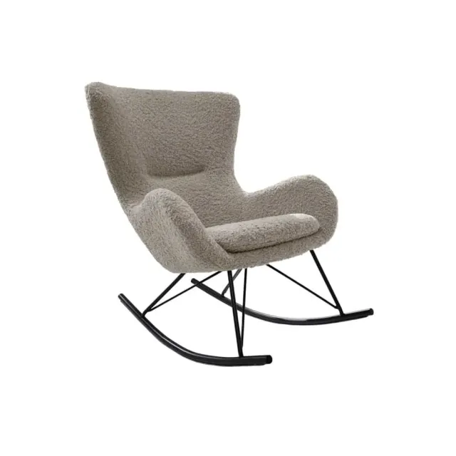 Fauteuil à bascule design scandinave – Tissu bouclé champagner greige, structure en métal noir