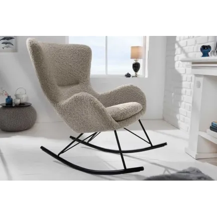 Fauteuil à bascule design scandinave – Tissu bouclé champagner greige, structure en métal noir 2