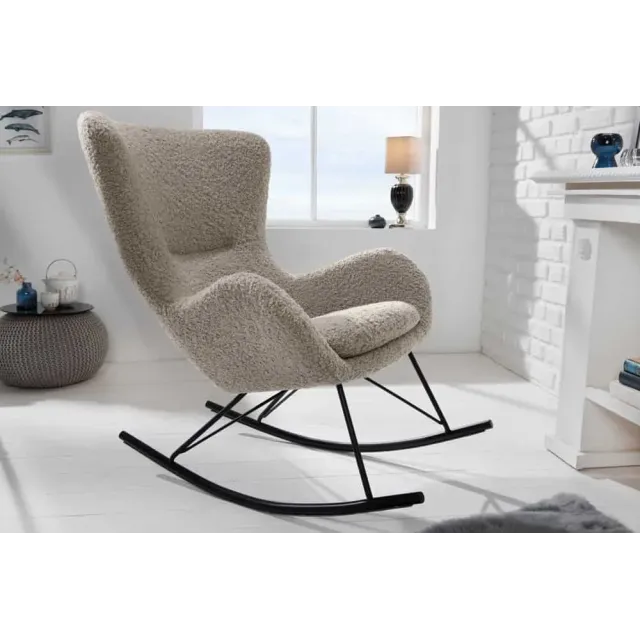Fauteuil à bascule design scandinave – Tissu bouclé champagner greige, structure en métal noir