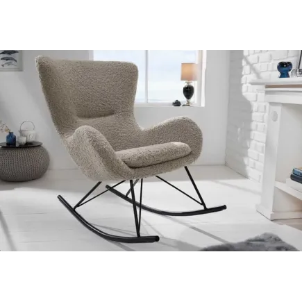Fauteuil à bascule design scandinave – Tissu bouclé champagner greige, structure en métal noir