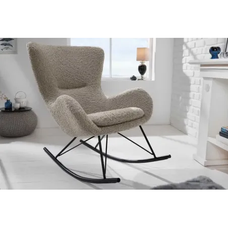 Fauteuil à bascule design scandinave – Tissu bouclé champagner greige, structure en métal noir