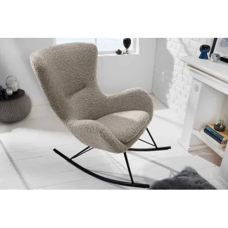 Fauteuil à bascule design scandinave – Tissu bouclé champagner greige, structure en métal noir