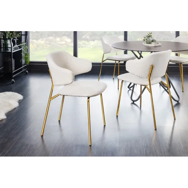 Chaise design VOGUE – Tissu bouclé blanc avec structure en métal doré | Élégance & confort