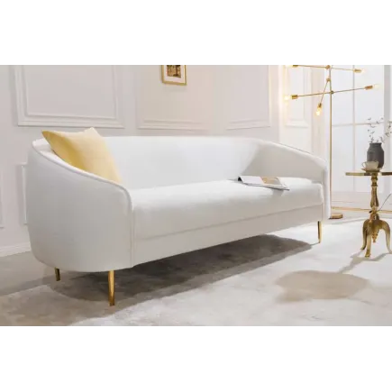 Canapé design 3 places DIVA – 205 cm en bouclé blanc avec pieds en métal doré | Confort & élégance