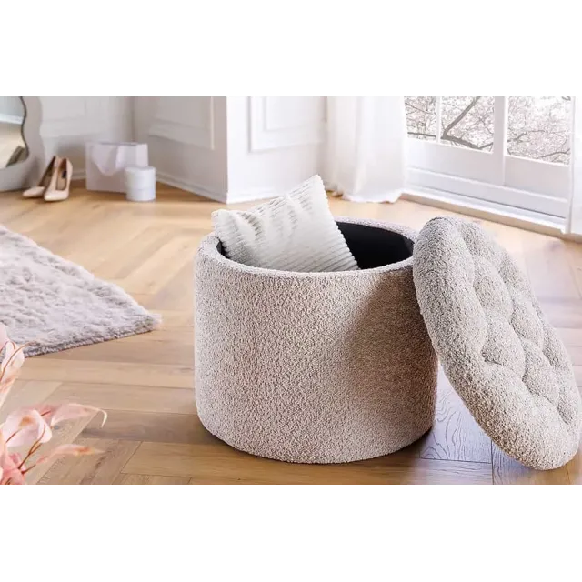 Pouf rond MODERN BAROCK – 50 cm en tissu bouclé champagner avec espace de rangement intégré