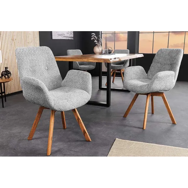 Chaise design BALTIC pivotante – Bouclé gris, pieds en chêne naturel | Élégance scandinave & confort 360°