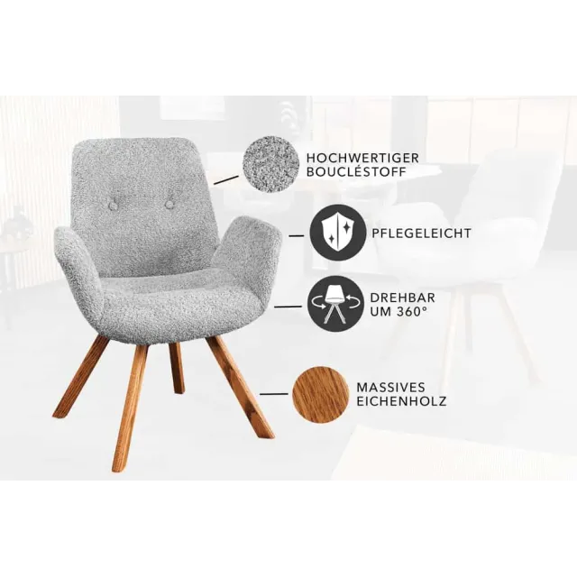 Chaise design BALTIC pivotante – Bouclé gris, pieds en chêne naturel | Élégance scandinave & confort 360°
