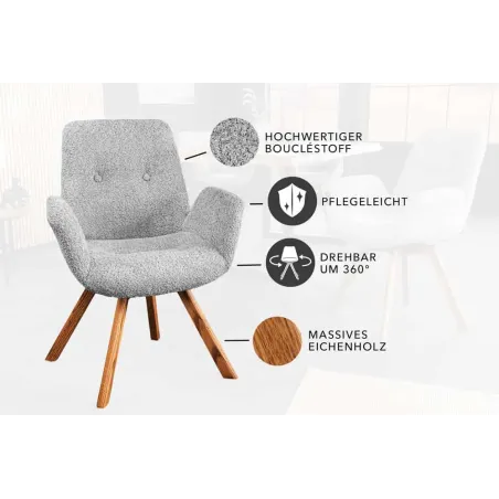 Chaise design BALTIC pivotante – Bouclé gris, pieds en chêne naturel | Élégance scandinave & confort 360°