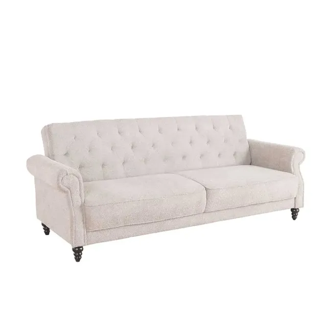 Canapé 3 places MAISON BELLE AFFAIRE – Style Chesterfield en bouclé greige, avec fonction lit et dossier inclinable