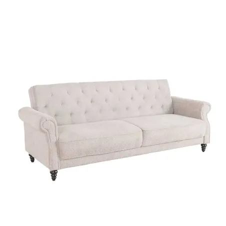 Canapé 3 places MAISON BELLE AFFAIRE – Style Chesterfield en bouclé greige, avec fonction lit et dossier inclinable