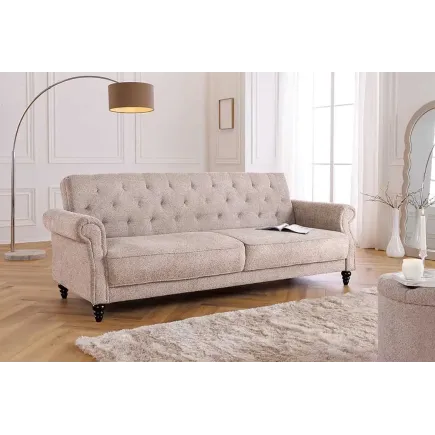 Canapé 3 places MAISON BELLE AFFAIRE – Style Chesterfield en bouclé greige, avec fonction lit et dossier inclinable