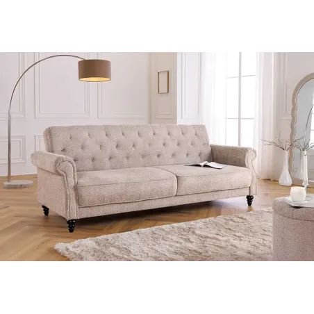Canapé 3 places MAISON BELLE AFFAIRE – Style Chesterfield en bouclé greige, avec fonction lit et dossier inclinable