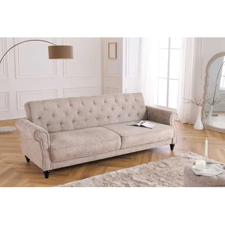 Canapé 3 places MAISON BELLE AFFAIRE – Style Chesterfield en bouclé greige, avec fonction lit et dossier inclinable