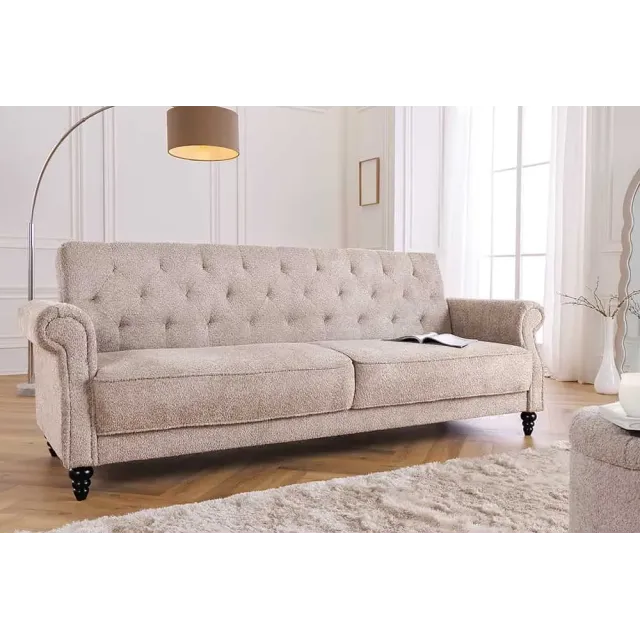 Canapé 3 places MAISON BELLE AFFAIRE – Style Chesterfield en bouclé greige, avec fonction lit et dossier inclinable