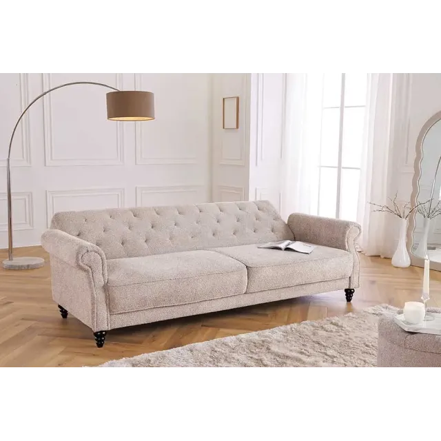 Canapé 3 places MAISON BELLE AFFAIRE – Style Chesterfield en bouclé greige, avec fonction lit et dossier inclinable