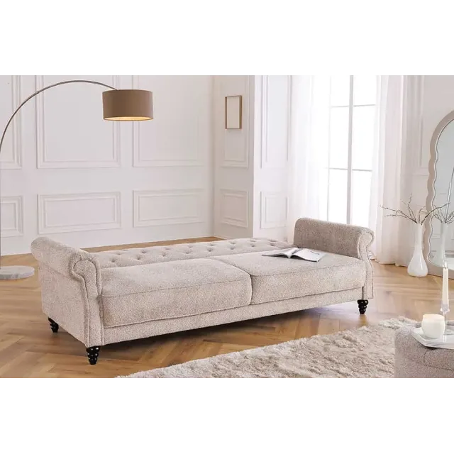 Canapé 3 places MAISON BELLE AFFAIRE – Style Chesterfield en bouclé greige, avec fonction lit et dossier inclinable