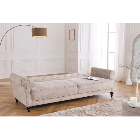 Canapé 3 places MAISON BELLE AFFAIRE – Style Chesterfield en bouclé greige, avec fonction lit et dossier inclinable