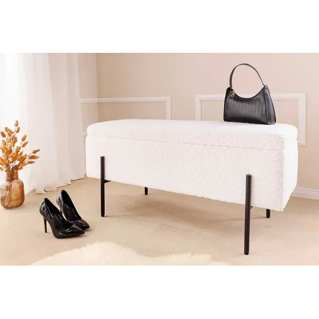 Banquette coffre moderne LOFT – 100 cm – Tissu bouclé blanc & structure métal noir | Assise confortable avec rangement intégré Banquette coffre moderne LOFT – 100 cm – Tissu bouclé blanc & structure métal noir | Assise confortable avec rangement intégré