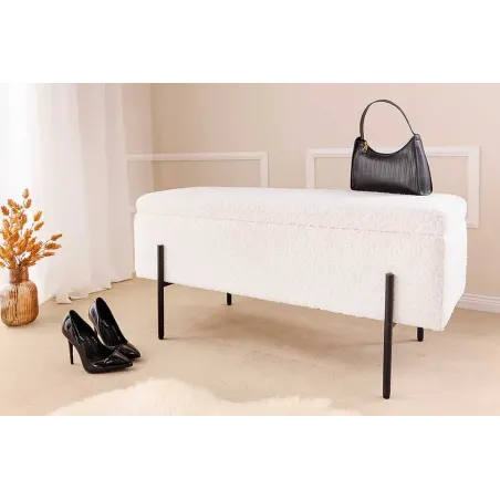 Banquette coffre moderne LOFT – 100 cm – Tissu bouclé blanc & structure métal noir | Assise confortable avec rangement intégré