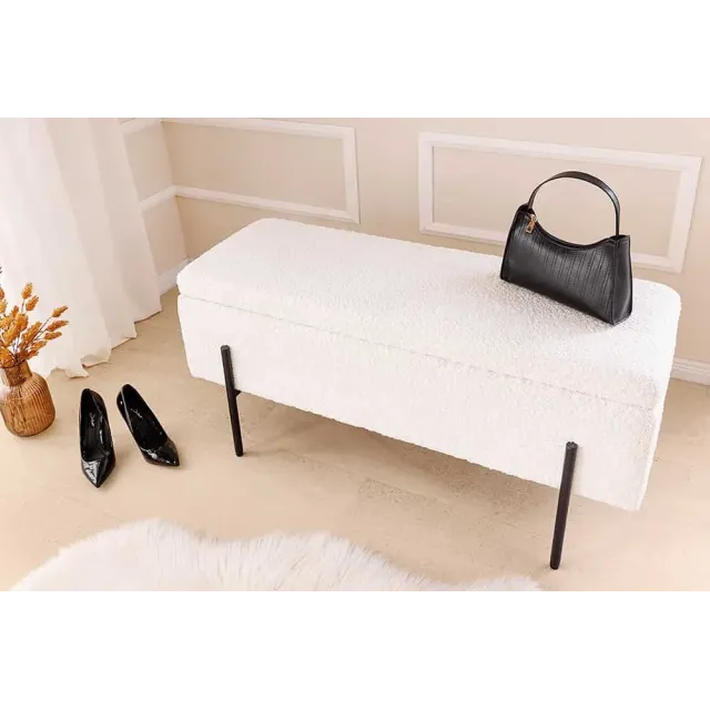 Banquette coffre moderne LOFT – 100 cm – Tissu bouclé blanc & structure métal noir | Assise confortable avec rangement intégré Banquette coffre moderne LOFT – 100 cm – Tissu bouclé blanc & structure métal noir | Assise confortable avec rangement intégré
