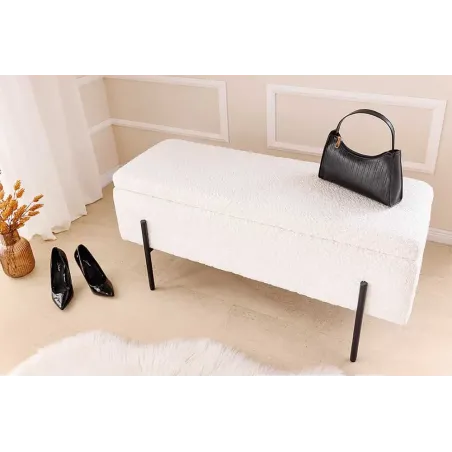 Banquette coffre moderne LOFT – 100 cm – Tissu bouclé blanc & structure métal noir | Assise confortable avec rangement intégré