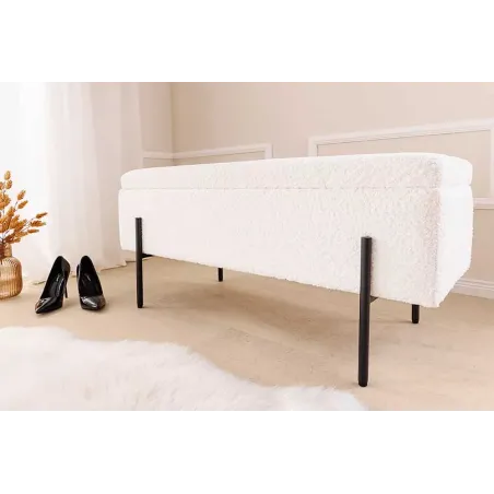 Banquette coffre moderne LOFT – 100 cm – Tissu bouclé blanc & structure métal noir | Assise confortable avec rangement intégré
