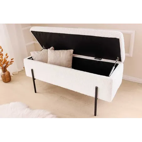 Banquette coffre moderne LOFT – 100 cm – Tissu bouclé blanc & structure métal noir | Assise confortable avec rangement intégré
