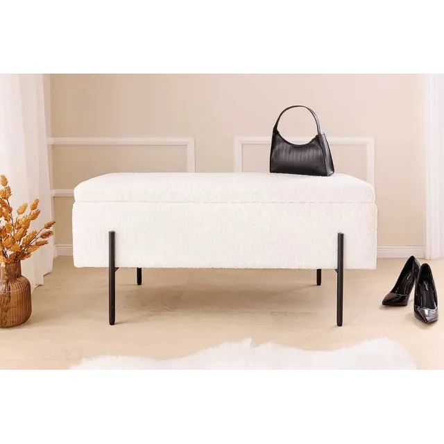 Banquette coffre moderne LOFT – 100 cm – Tissu bouclé blanc & structure métal noir | Assise confortable avec rangement intégré Banquette coffre moderne LOFT – 100 cm – Tissu bouclé blanc & structure métal noir | Assise confortable avec rangement intégré
