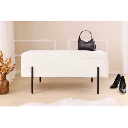 Banquette coffre moderne LOFT – 100 cm – Tissu bouclé blanc & structure métal noir | Assise confortable avec rangement intégré