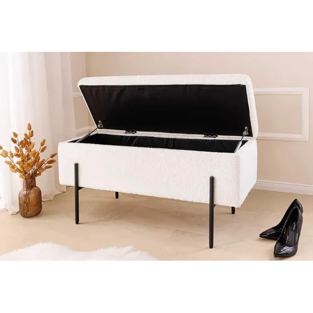 Banquette coffre moderne LOFT – 100 cm – Tissu bouclé blanc & structure métal noir | Assise confortable avec rangement intégré Banquette coffre moderne LOFT – 100 cm – Tissu bouclé blanc & structure métal noir | Assise confortable avec rangement intégré