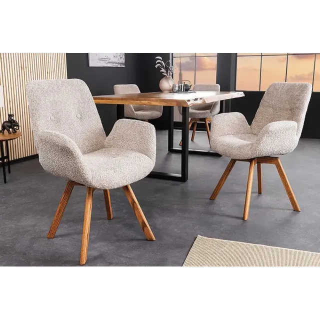 Chaise design BALTIC pivotante – Tissu bouclé beige & pieds en chêne naturel | Élégance nordique & confort moderne