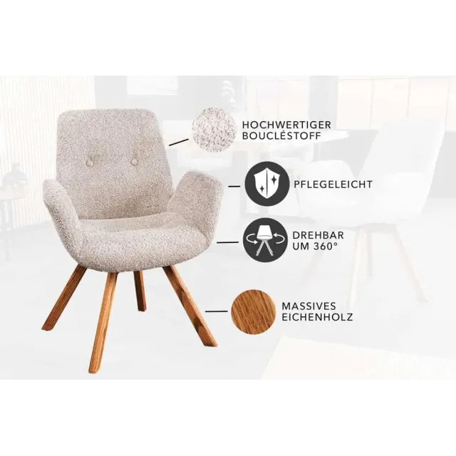 Chaise design BALTIC pivotante – Tissu bouclé beige & pieds en chêne naturel | Élégance nordique & confort moderne