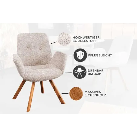 Chaise design BALTIC pivotante – Tissu bouclé beige & pieds en chêne naturel | Élégance nordique & confort moderne