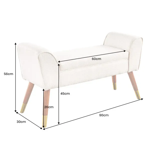 Banquette rétro SCARLETT – 90 cm – Tissu bouclé anthracite avec accoudoirs | Pieds bois & métal doré