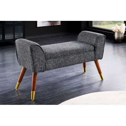Banquette rétro SCARLETT – 90 cm – Tissu bouclé anthracite avec accoudoirs | Pieds bois & métal doré