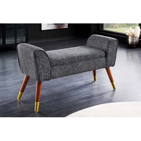 Banquette rétro SCARLETT – 90 cm – Tissu bouclé anthracite avec accoudoirs | Pieds bois & métal doré