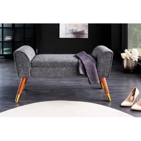 Banquette rétro SCARLETT – 90 cm – Tissu bouclé anthracite avec accoudoirs | Pieds bois & métal doré