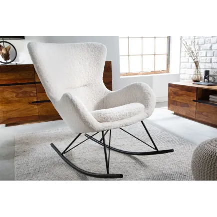 Fauteuil à bascule SCANDINAVIA – Bouclé blanc & métal noir – Design scandinave et confort moderne