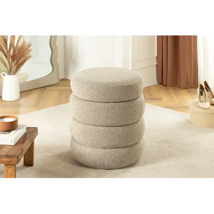 Pouf rond VOGUE en bouclé taupe – 50 cm – Siège confortable avec espace de rangement intégré
