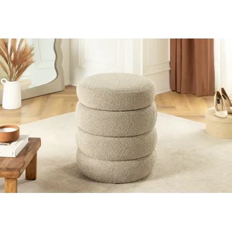 Pouf rond VOGUE en bouclé taupe – 50 cm – Siège confortable avec espace de rangement intégré