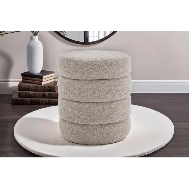 Pouf rond VOGUE en bouclé taupe – 50 cm – Siège confortable avec espace de rangement intégré