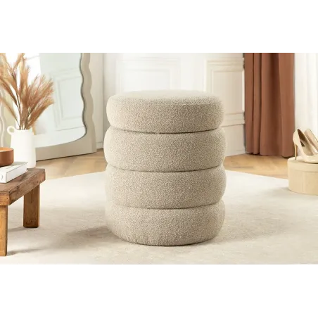 Pouf rond VOGUE en bouclé taupe – 50 cm – Siège confortable avec espace de rangement intégré