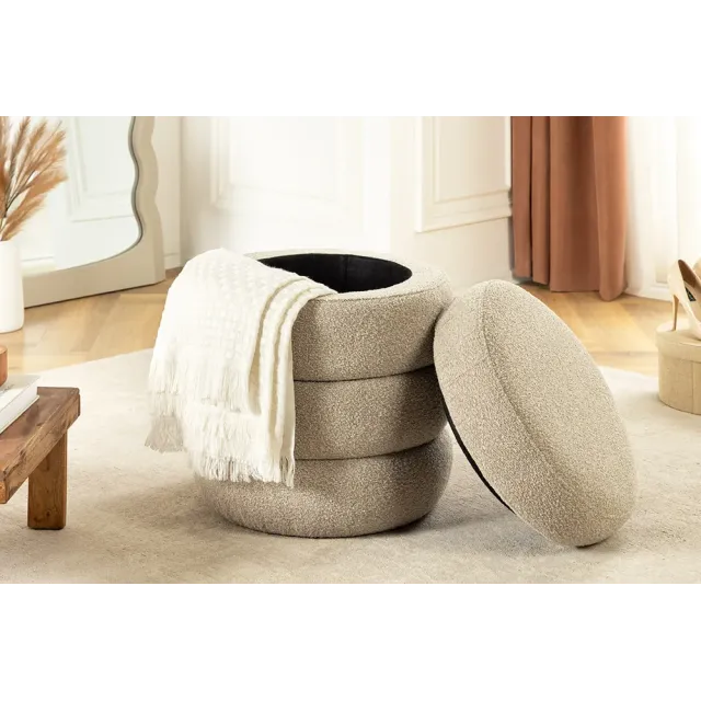 Pouf rond VOGUE en bouclé taupe – 50 cm – Siège confortable avec espace de rangement intégré