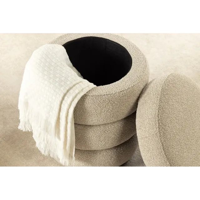 Pouf rond VOGUE en bouclé taupe – 50 cm – Siège confortable avec espace de rangement intégré
