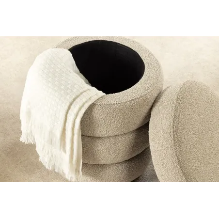 Pouf rond VOGUE en bouclé taupe – 50 cm – Siège confortable avec espace de rangement intégré