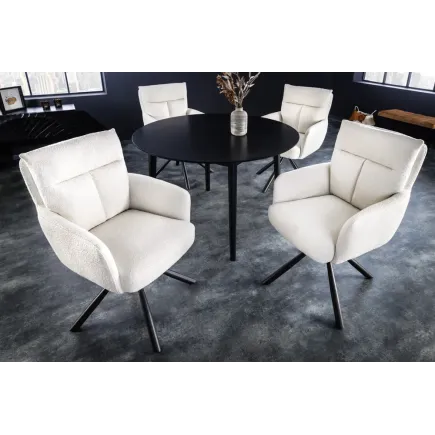 Fauteuil pivotant BIG GEORGE – Style rétro en bouclé blanc avec assise à ressorts Bonell et pieds métal noir