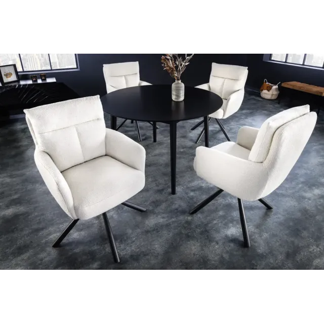 Fauteuil pivotant BIG GEORGE – Style rétro en bouclé blanc avec assise à ressorts Bonell et pieds métal noir